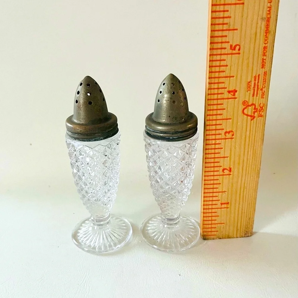 Vintage 1950’s Cut Glass Salt and Pepper Shakers with Metal Lids